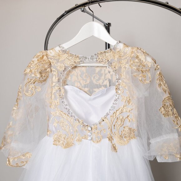 Bishop Sleeves Keyhole Back Gold Lace Applique Communion Flower Girl Dress
